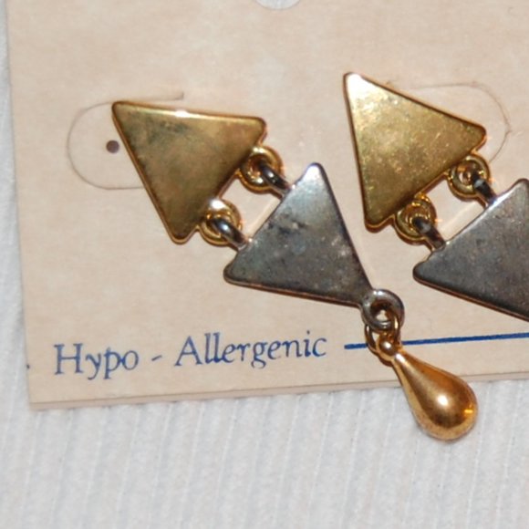 Gerson Hypo Allergenic Gold /Silver Tone Triangle Post Earrings 2' Long - Picture 4 of 6